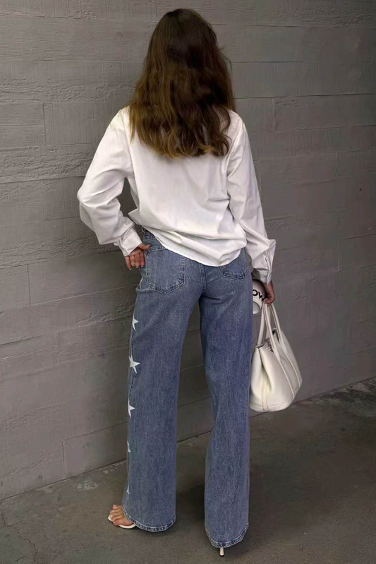 Wide Leg Mid Rise Jeans med Stjärndetaljer