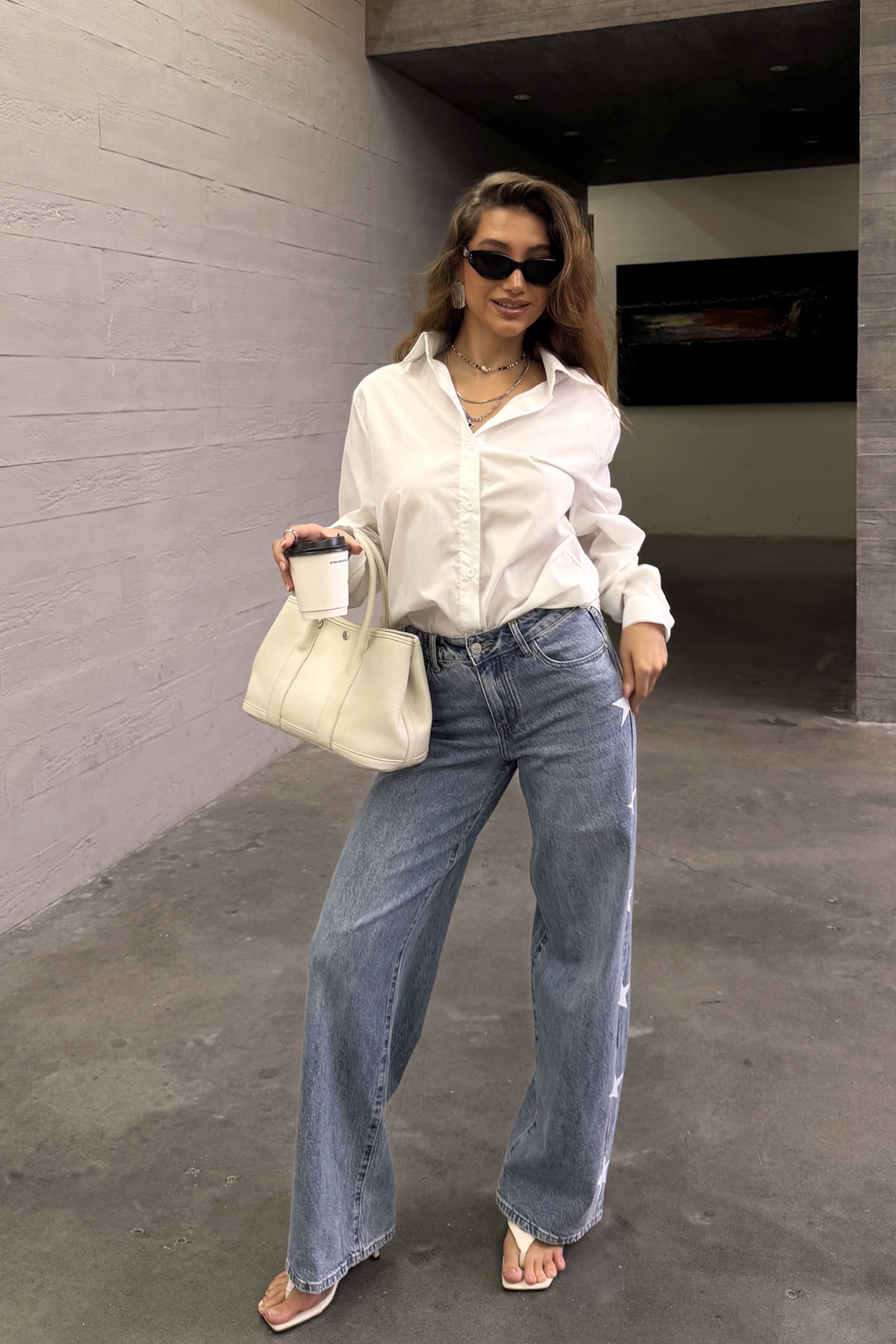 Wide Leg Mid Rise Jeans med Stjärndetaljer