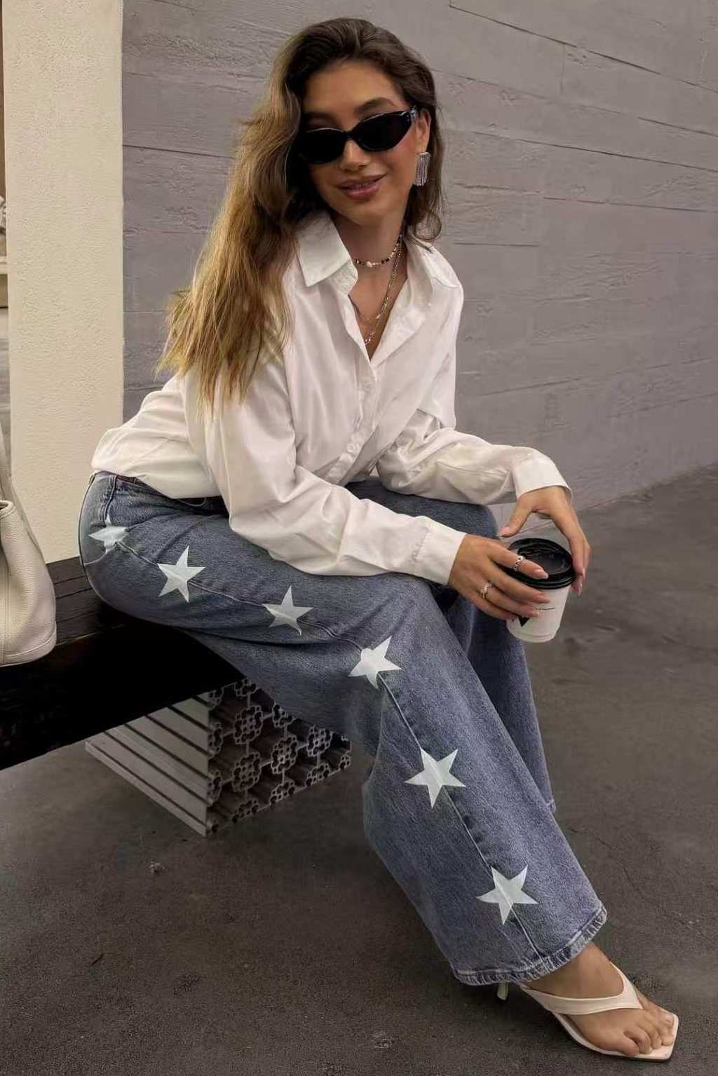 Wide Leg Mid Rise Jeans med Stjärndetaljer