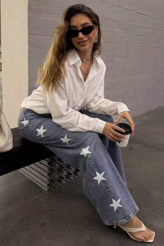 Wide Leg Mid Rise Jeans med Stjärndetaljer